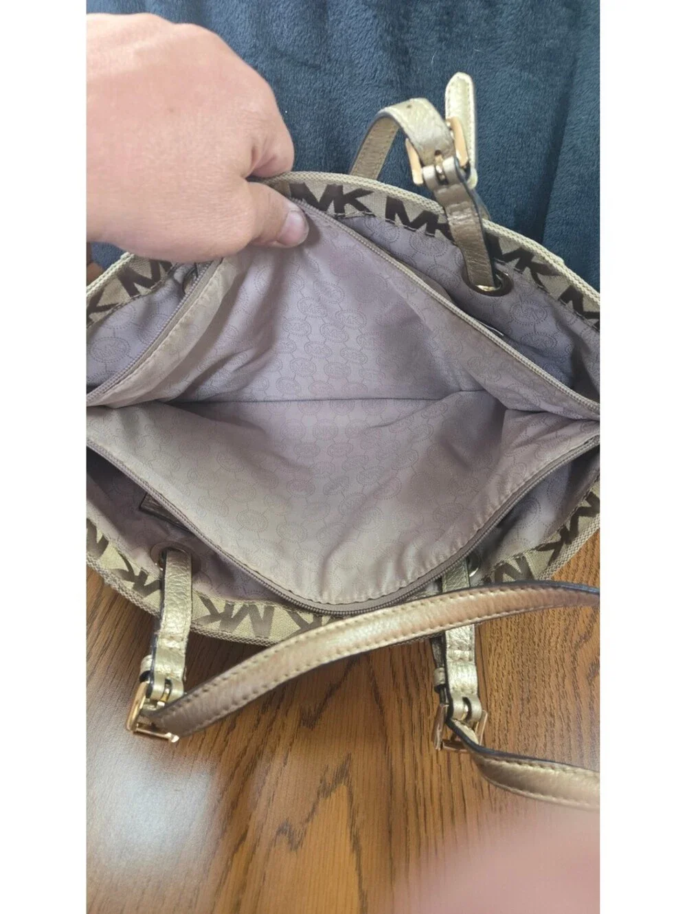 Michael Kors Beige and Brown MK Logo Tote Bag with Gold Handles